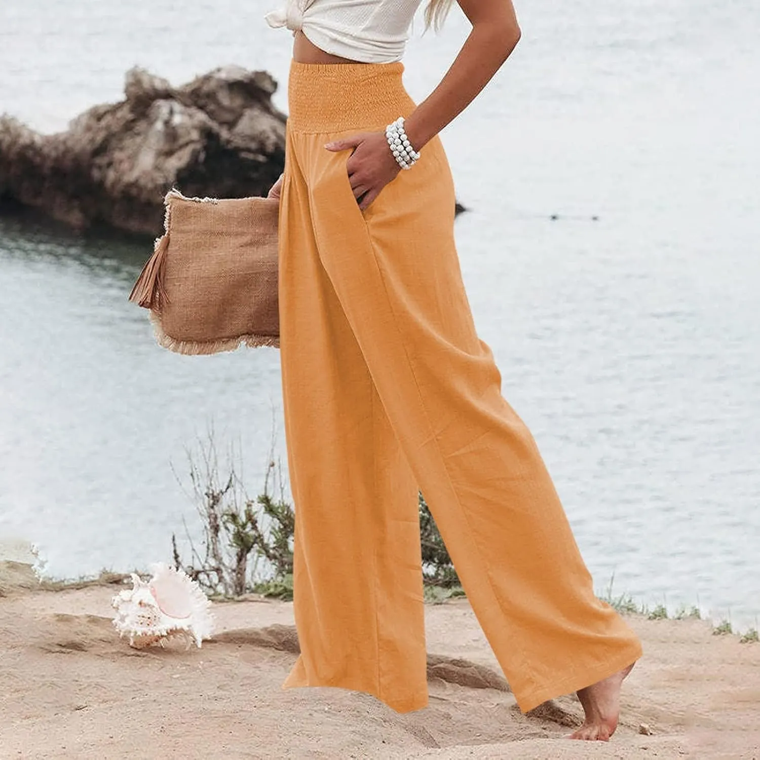 Women Linen Palazzo Pants Summer Boho Wide Leg High Waist Casual Lounge Slacks 2025 Beach Travel Vacation Outfits