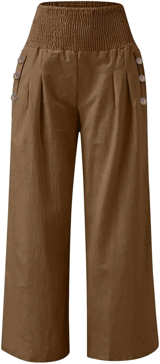 Women Linen Palazzo Pants Summer Boho Wide Leg High Waist Casual Lounge Slacks 2025 Beach Travel Vacation Outfits