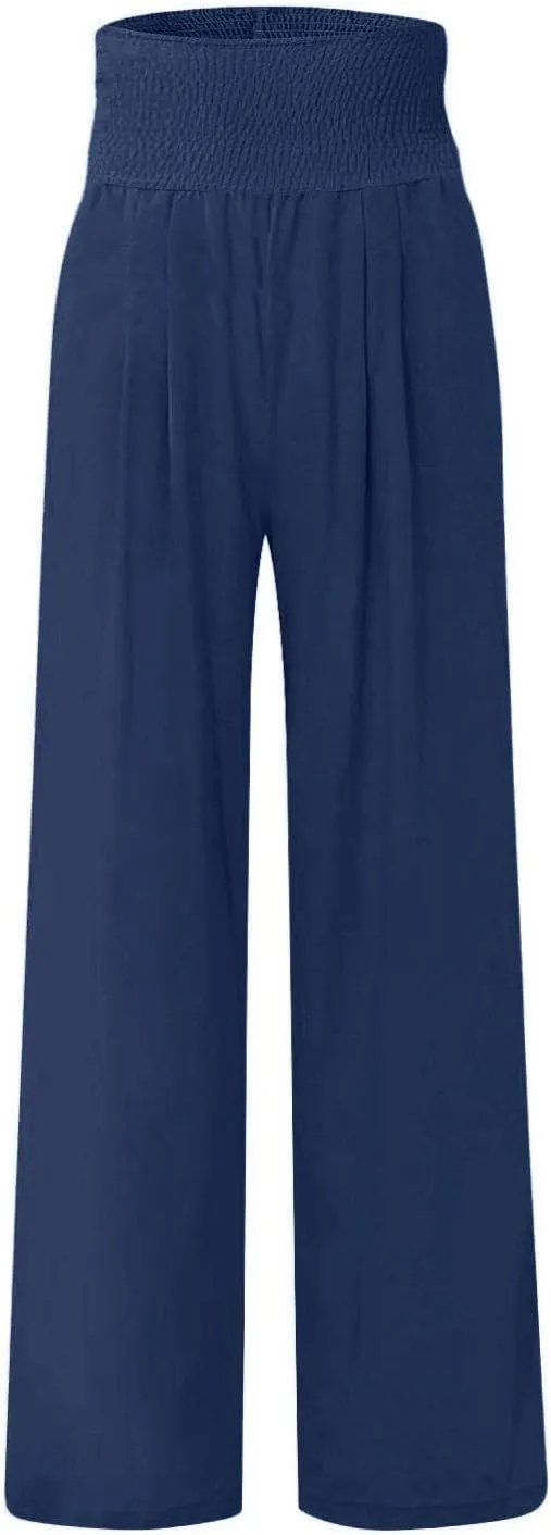 Women Linen Palazzo Pants Summer Boho Wide Leg High Waist Casual Lounge Slacks 2025 Beach Travel Vacation Outfits