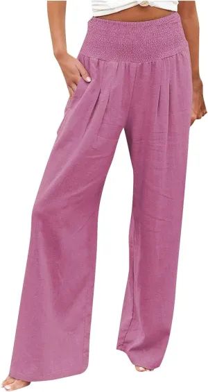 Women Linen Palazzo Pants Summer Boho Wide Leg High Waist Casual Lounge Slacks 2025 Beach Travel Vacation Outfits