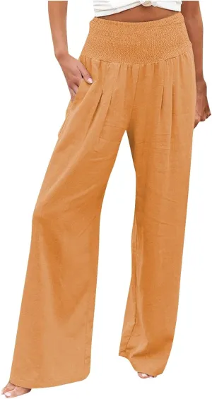 Women Linen Palazzo Pants Summer Boho Wide Leg High Waist Casual Lounge Slacks 2025 Beach Travel Vacation Outfits