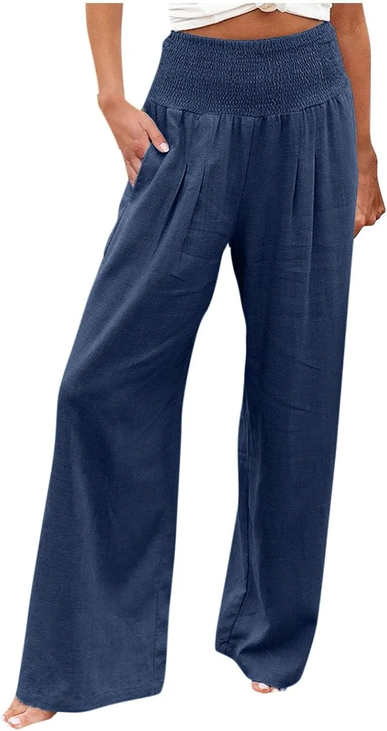 Women Linen Palazzo Pants Summer Boho Wide Leg High Waist Casual Lounge Slacks 2025 Beach Travel Vacation Outfits
