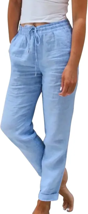 Women Linen Pants Casual Loose Elastic Waistband Boho Cropped Palazzo Beach Pants Summer Outfits 2025