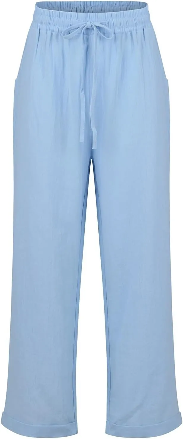 Women Linen Pants Casual Loose Elastic Waistband Boho Cropped Palazzo Beach Pants Summer Outfits 2025