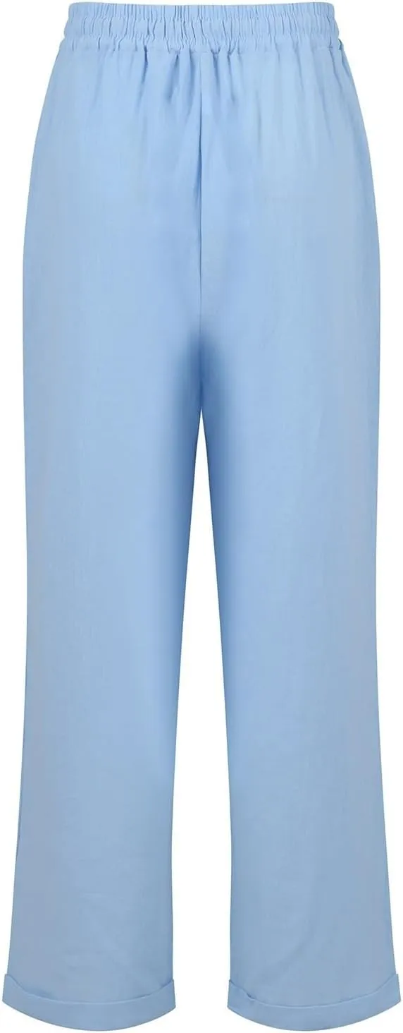 Women Linen Pants Casual Loose Elastic Waistband Boho Cropped Palazzo Beach Pants Summer Outfits 2025