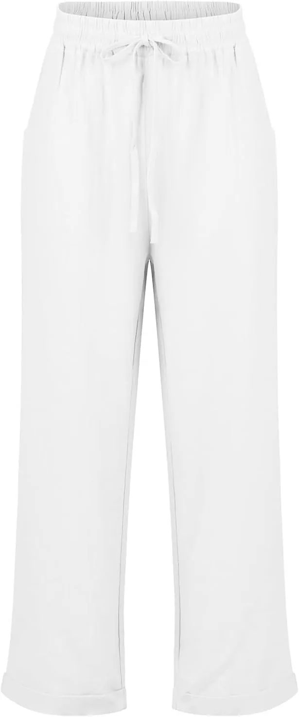 Women Linen Pants Casual Loose Elastic Waistband Boho Cropped Palazzo Beach Pants Summer Outfits 2025