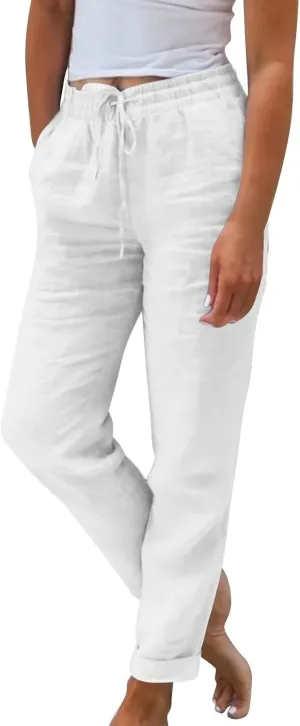 Women Linen Pants Casual Loose Elastic Waistband Boho Cropped Palazzo Beach Pants Summer Outfits 2025