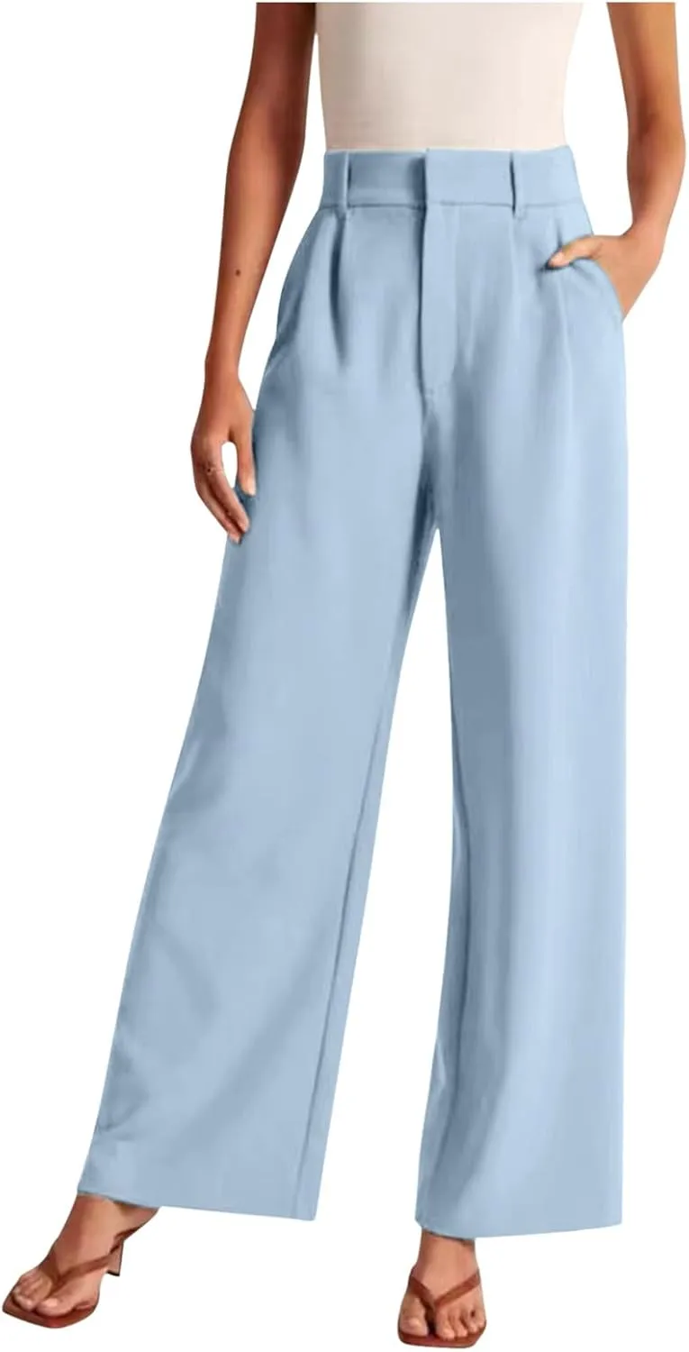 Women Linen Summer Breathable Pants High Waist Stretchy Slim-Fit Palazzo Lounge Pants Work Business