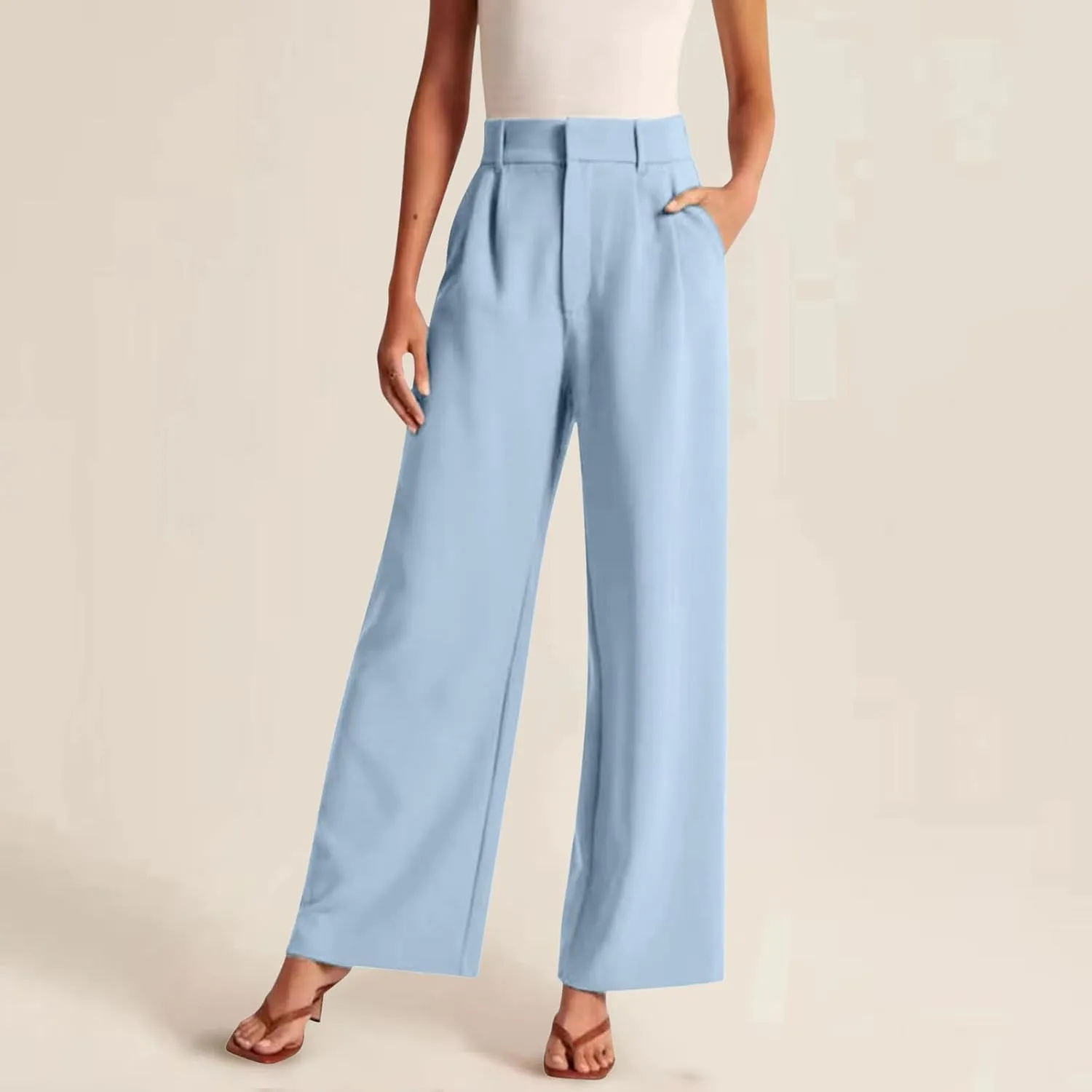 Women Linen Summer Breathable Pants High Waist Stretchy Slim-Fit Palazzo Lounge Pants Work Business