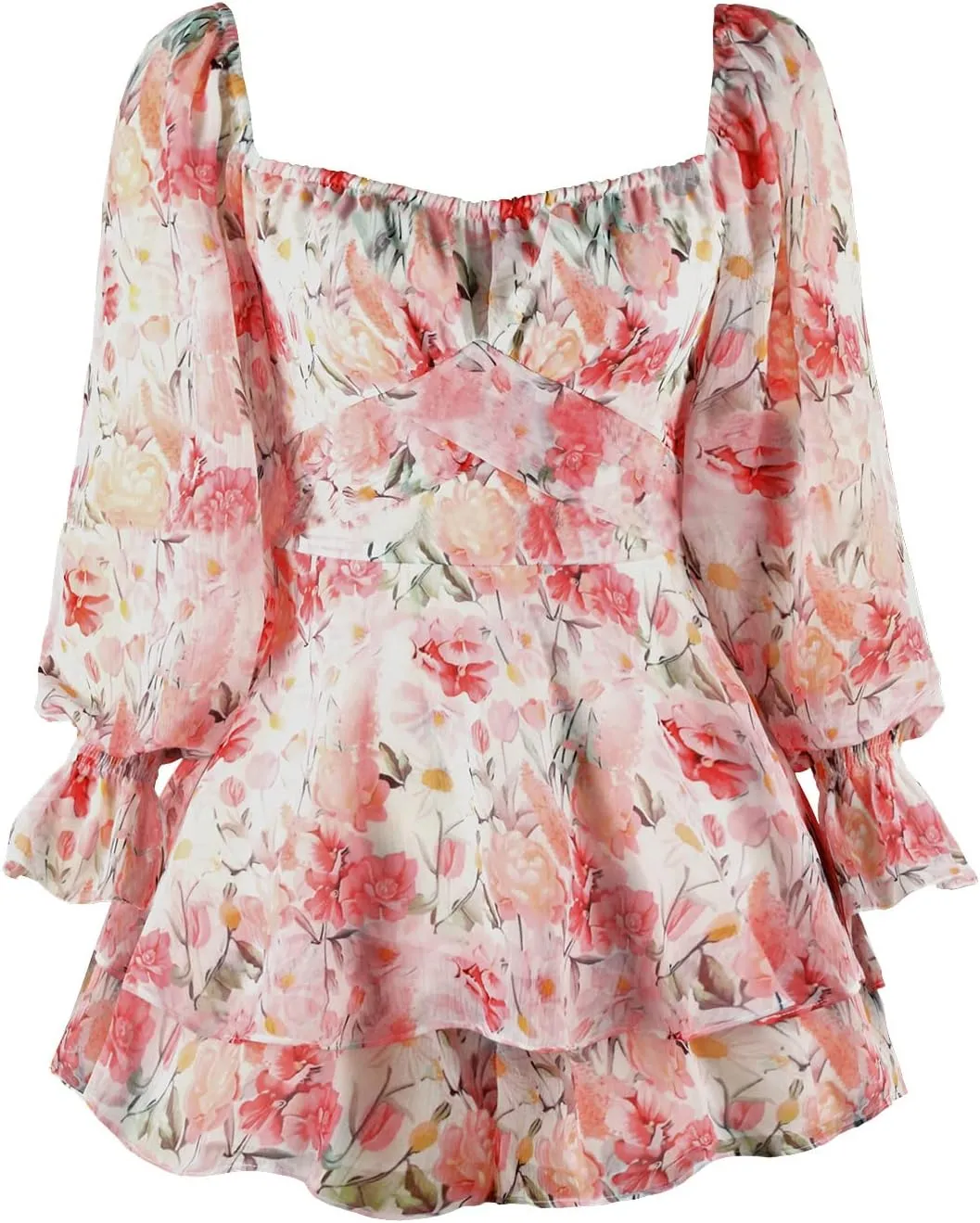 Women Long Sleeve Floral Romper Dress Boho Ruffle Flare Sleeve Summer Romper Blouse Coquette Mini Romper Dress
