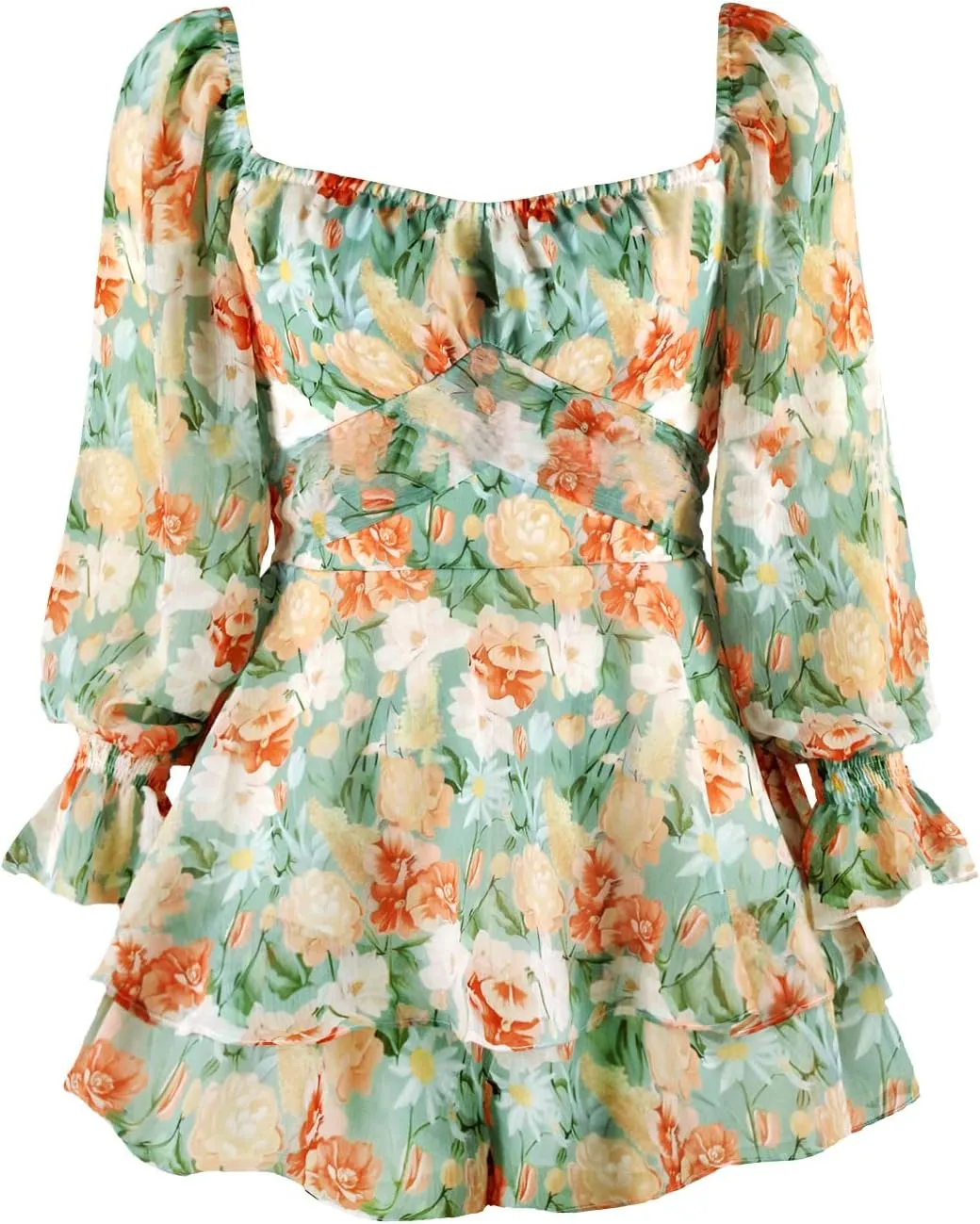 Women Long Sleeve Floral Romper Dress Boho Ruffle Flare Sleeve Summer Romper Blouse Coquette Mini Romper Dress