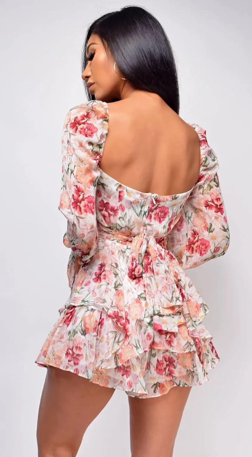 Women Long Sleeve Floral Romper Dress Boho Ruffle Flare Sleeve Summer Romper Blouse Coquette Mini Romper Dress