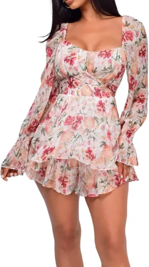 Women Long Sleeve Floral Romper Dress Boho Ruffle Flare Sleeve Summer Romper Blouse Coquette Mini Romper Dress