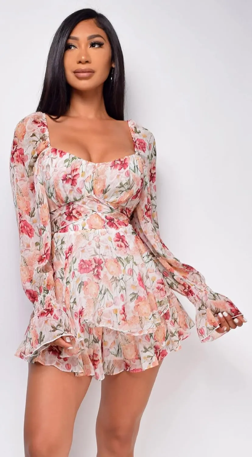 Women Long Sleeve Floral Romper Dress Boho Ruffle Flare Sleeve Summer Romper Blouse Coquette Mini Romper Dress
