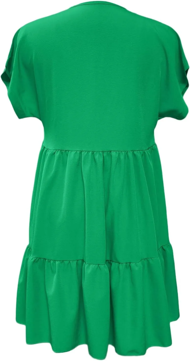 Women Summer Dresses 2025 Short Sleeve V Neck Tiered Ruffle Boho Swing Dress A-Line Beach Vacation Mini Dresses