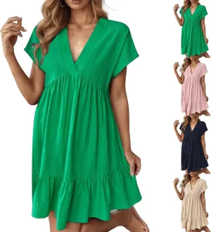 Women Summer Dresses 2025 Short Sleeve V Neck Tiered Ruffle Boho Swing Dress A-Line Beach Vacation Mini Dresses