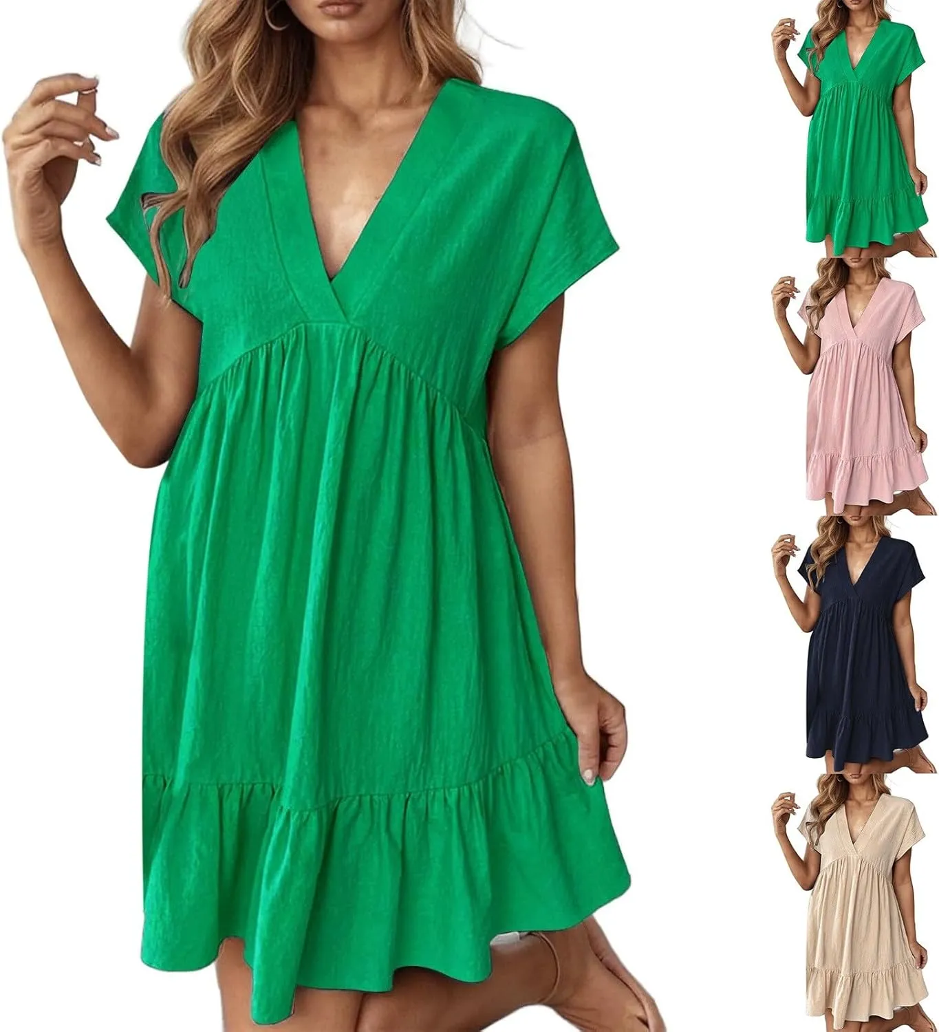 Women Summer Dresses 2025 Short Sleeve V Neck Tiered Ruffle Boho Swing Dress A-Line Beach Vacation Mini Dresses