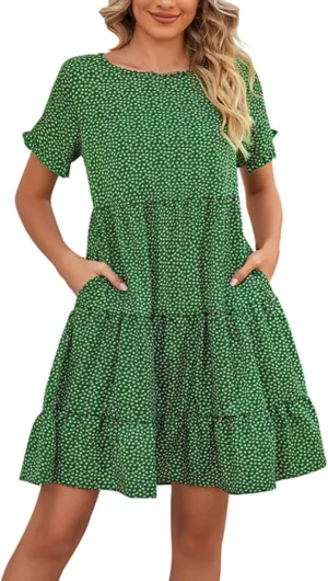 Women's 2024 Summer Casual Dress Ruffle Short Sleeves Floral Print Round Neck Loose Pleated Tiered Mini Dresses
