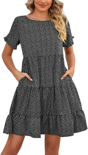 Women's 2024 Summer Casual Dress Ruffle Short Sleeves Floral Print Round Neck Loose Pleated Tiered Mini Dresses