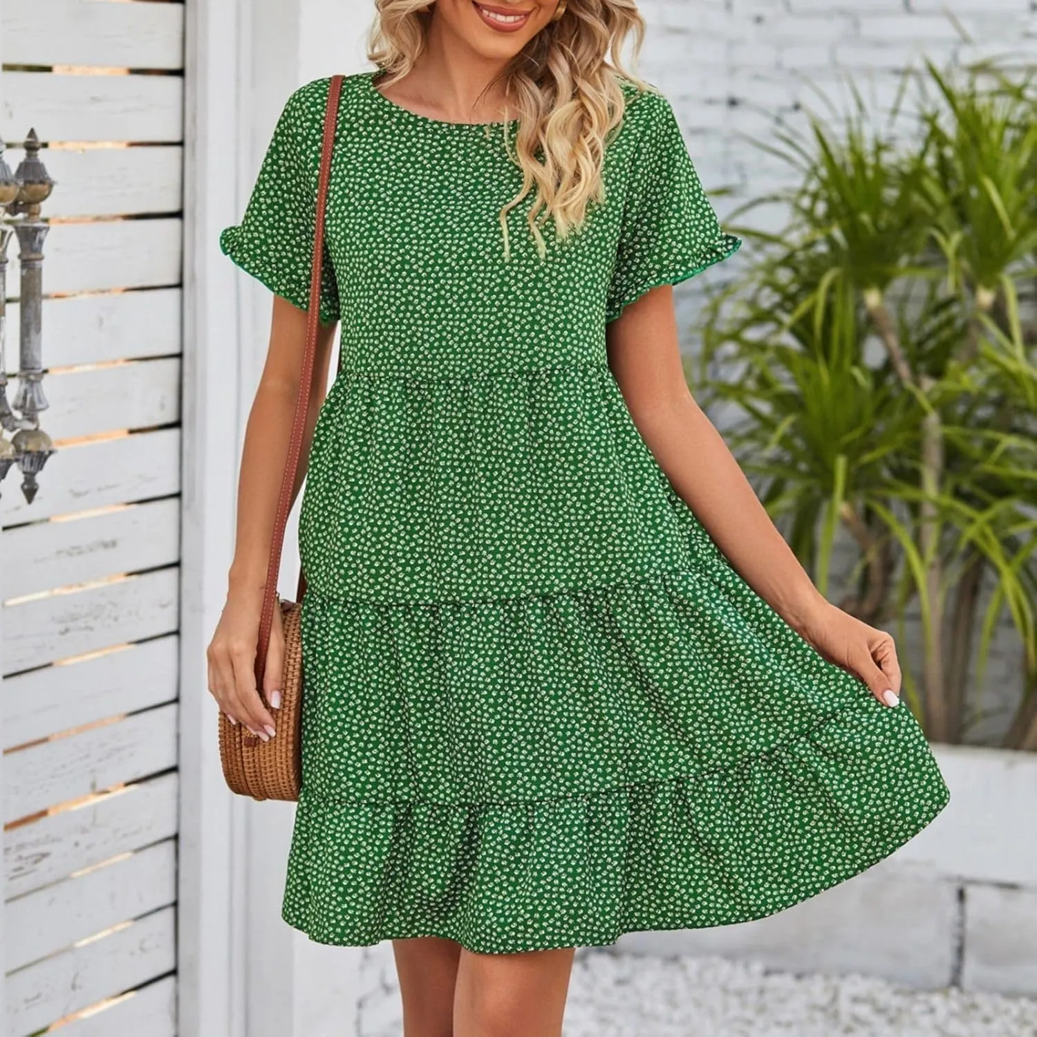 Women's 2024 Summer Casual Dress Ruffle Short Sleeves Floral Print Round Neck Loose Pleated Tiered Mini Dresses
