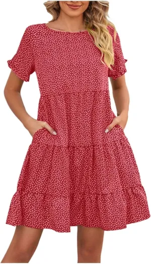 Women's 2024 Summer Casual Dress Ruffle Short Sleeves Floral Print Round Neck Loose Pleated Tiered Mini Dresses