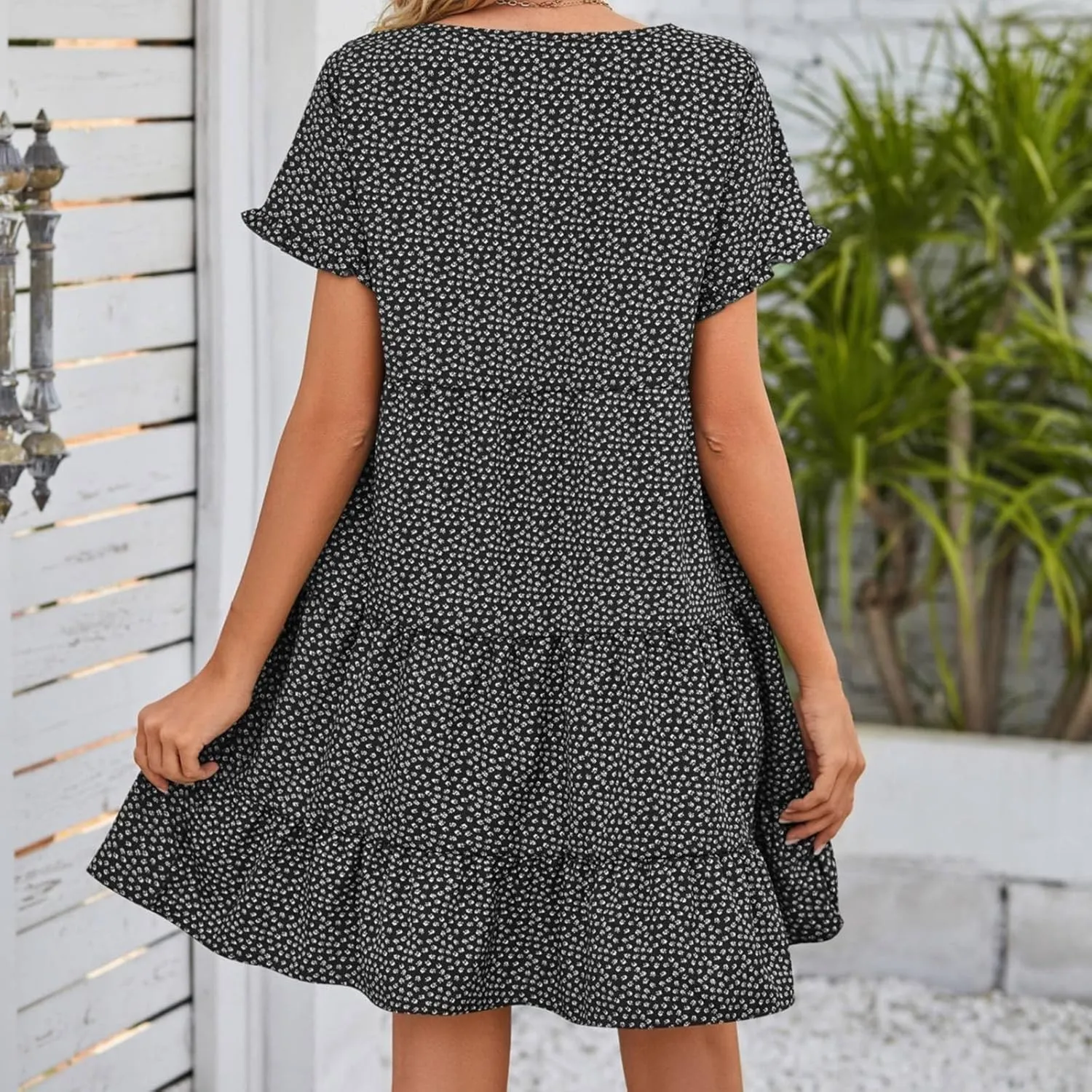 Women's 2024 Summer Casual Dress Ruffle Short Sleeves Floral Print Round Neck Loose Pleated Tiered Mini Dresses
