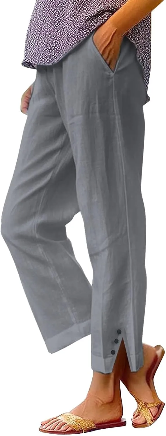 Womens Casual Linen High Waist Pants Plain Drawstring Loose Fit Summer Pants Trousers with Side Pockets