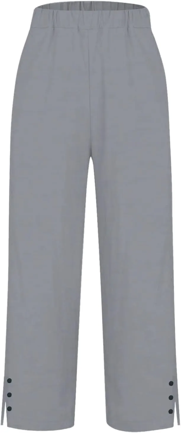 Womens Casual Linen High Waist Pants Plain Drawstring Loose Fit Summer Pants Trousers with Side Pockets