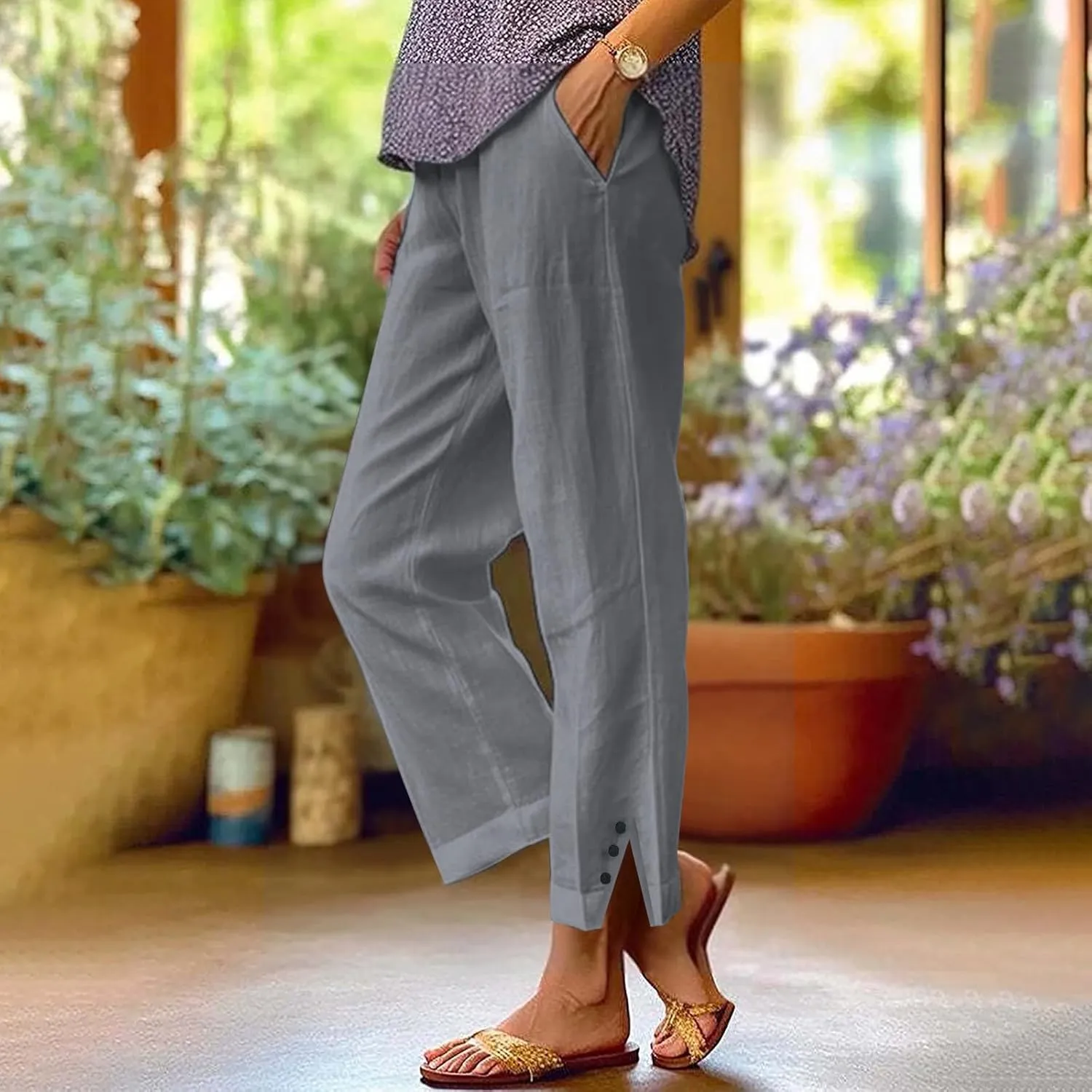 Womens Casual Linen High Waist Pants Plain Drawstring Loose Fit Summer Pants Trousers with Side Pockets