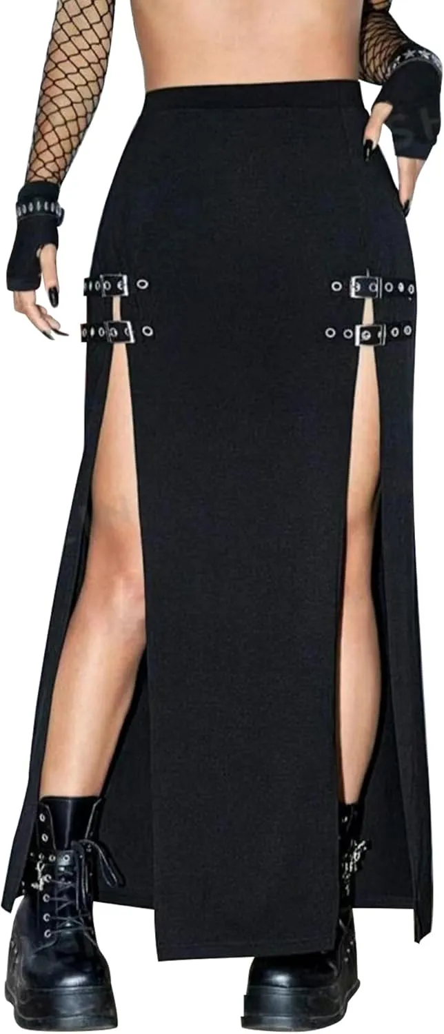Women's Causal Gothic Maxi Skirt with Double Side Slits & Buckles for Party
