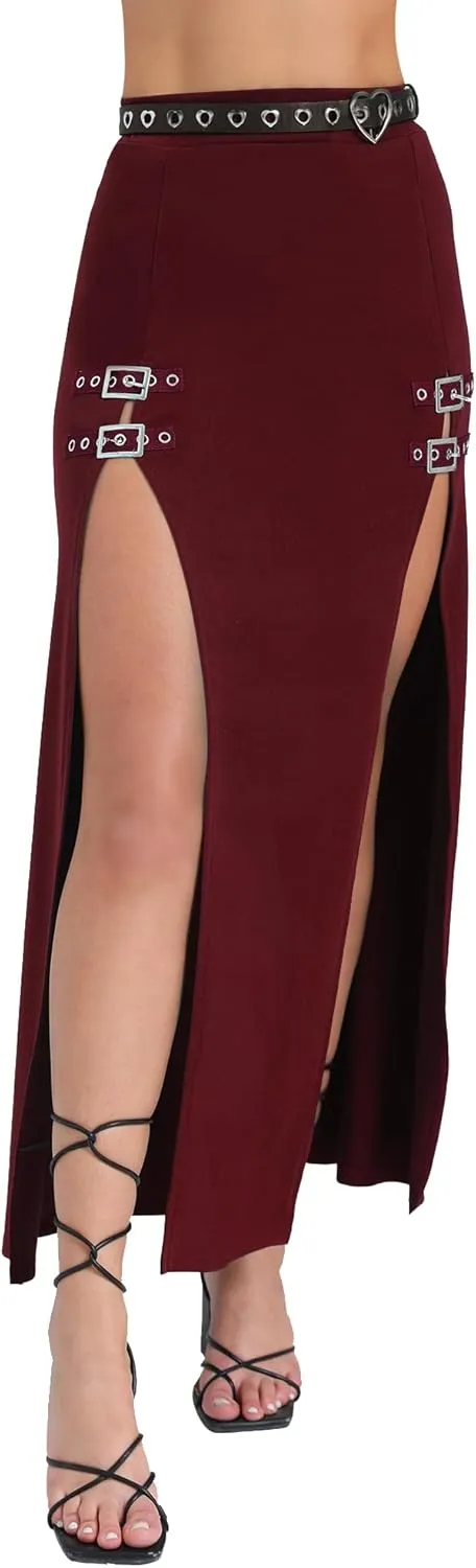 Women's Causal Gothic Maxi Skirt with Double Side Slits & Buckles for Party