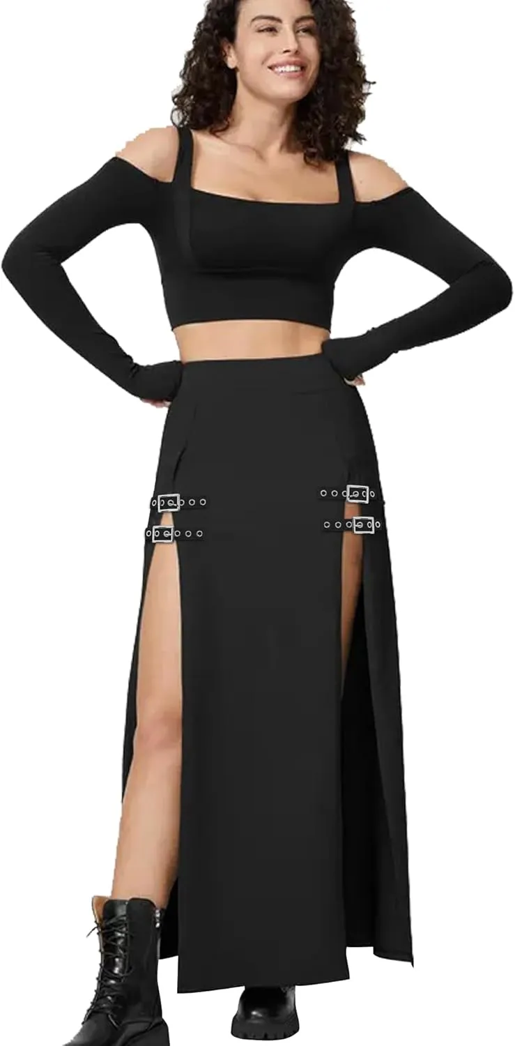 Women's Causal Gothic Maxi Skirt with Double Side Slits & Buckles for Party