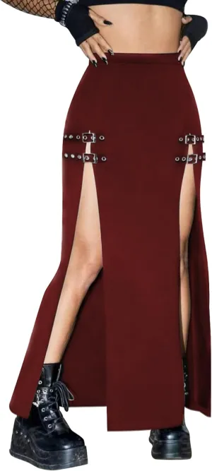 Women's Causal Gothic Maxi Skirt with Double Side Slits & Buckles for Party