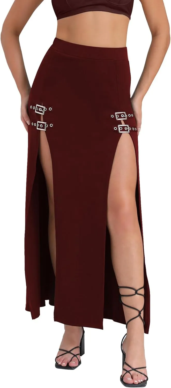 Women's Causal Gothic Maxi Skirt with Double Side Slits & Buckles for Party