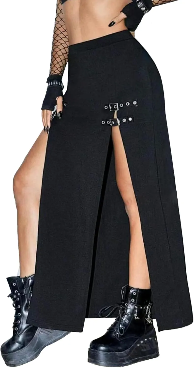 Women's Causal Gothic Maxi Skirt with Double Side Slits & Buckles for Party