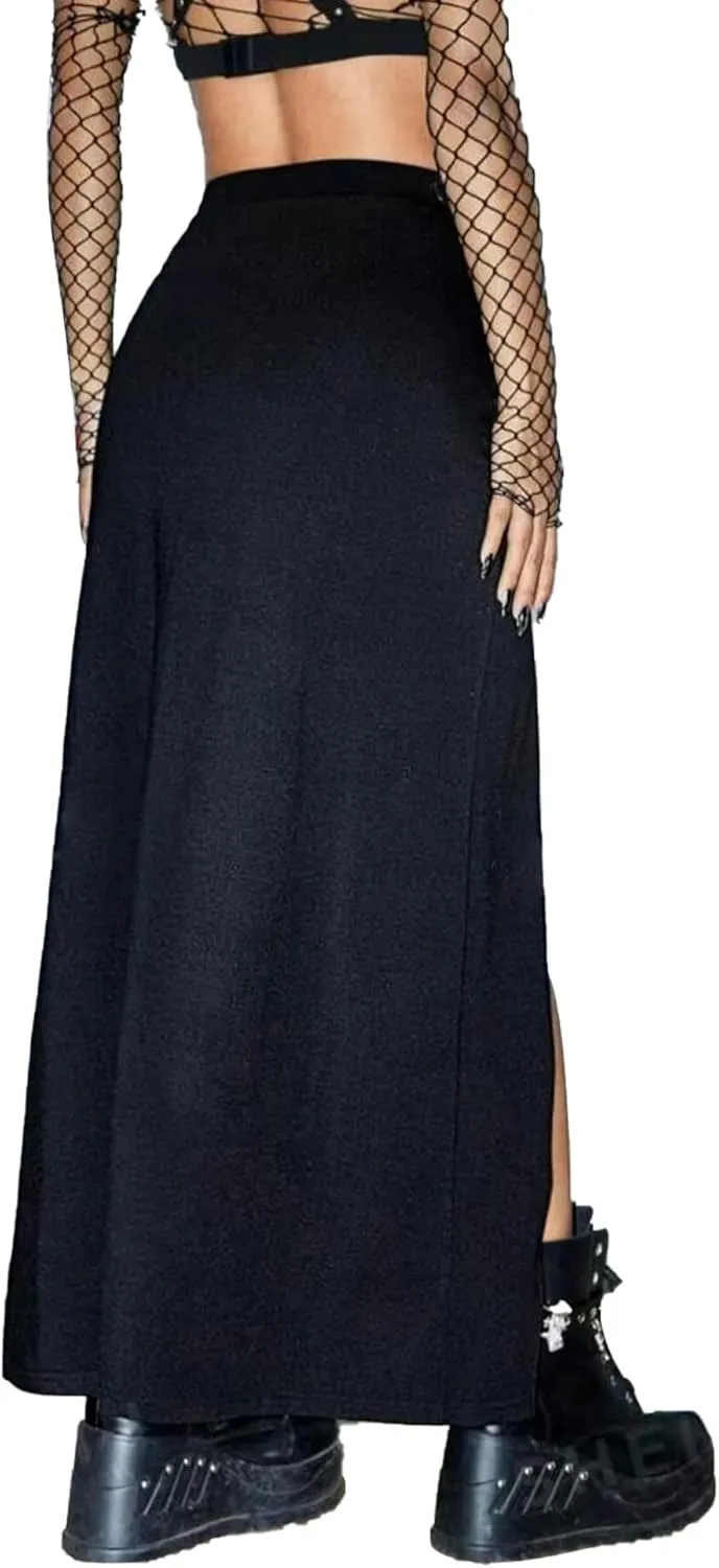 Women's Causal Gothic Maxi Skirt with Double Side Slits & Buckles for Party