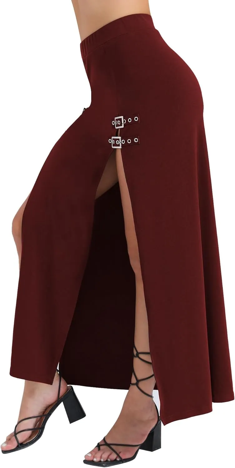 Women's Causal Gothic Maxi Skirt with Double Side Slits & Buckles for Party