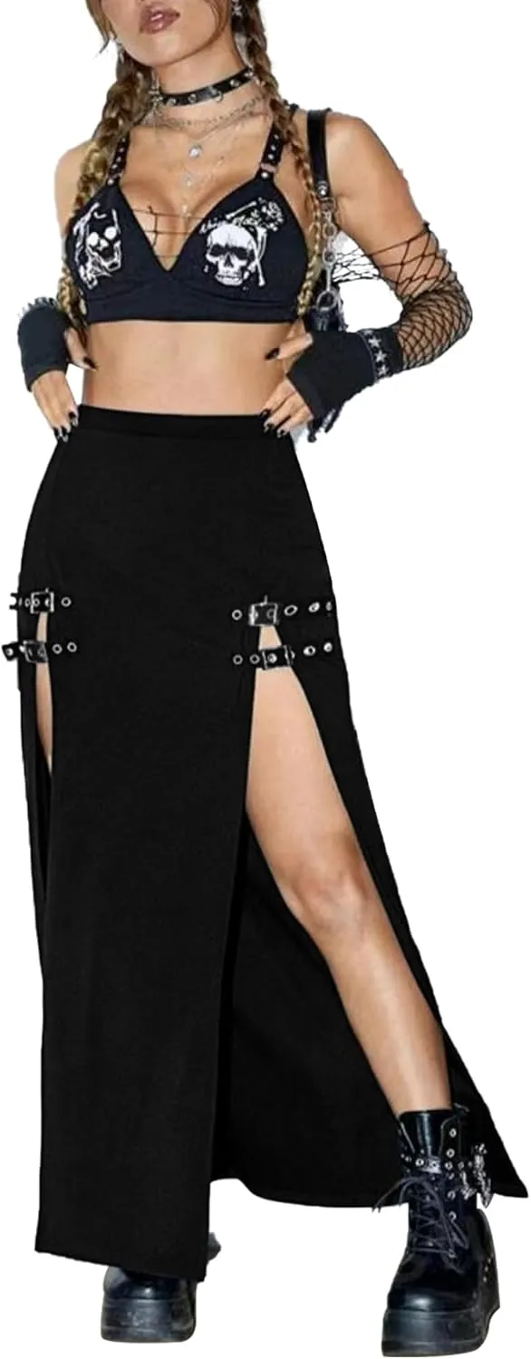 Women's Causal Gothic Maxi Skirt with Double Side Slits & Buckles for Party
