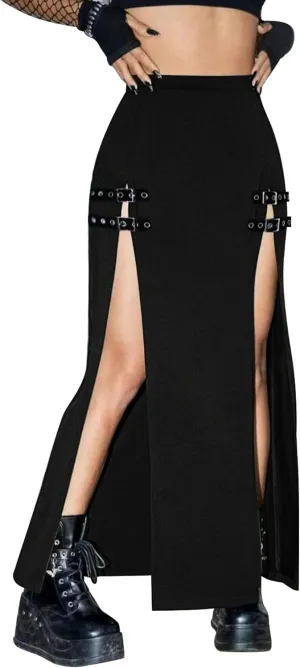 Women's Causal Gothic Maxi Skirt with Double Side Slits & Buckles for Party