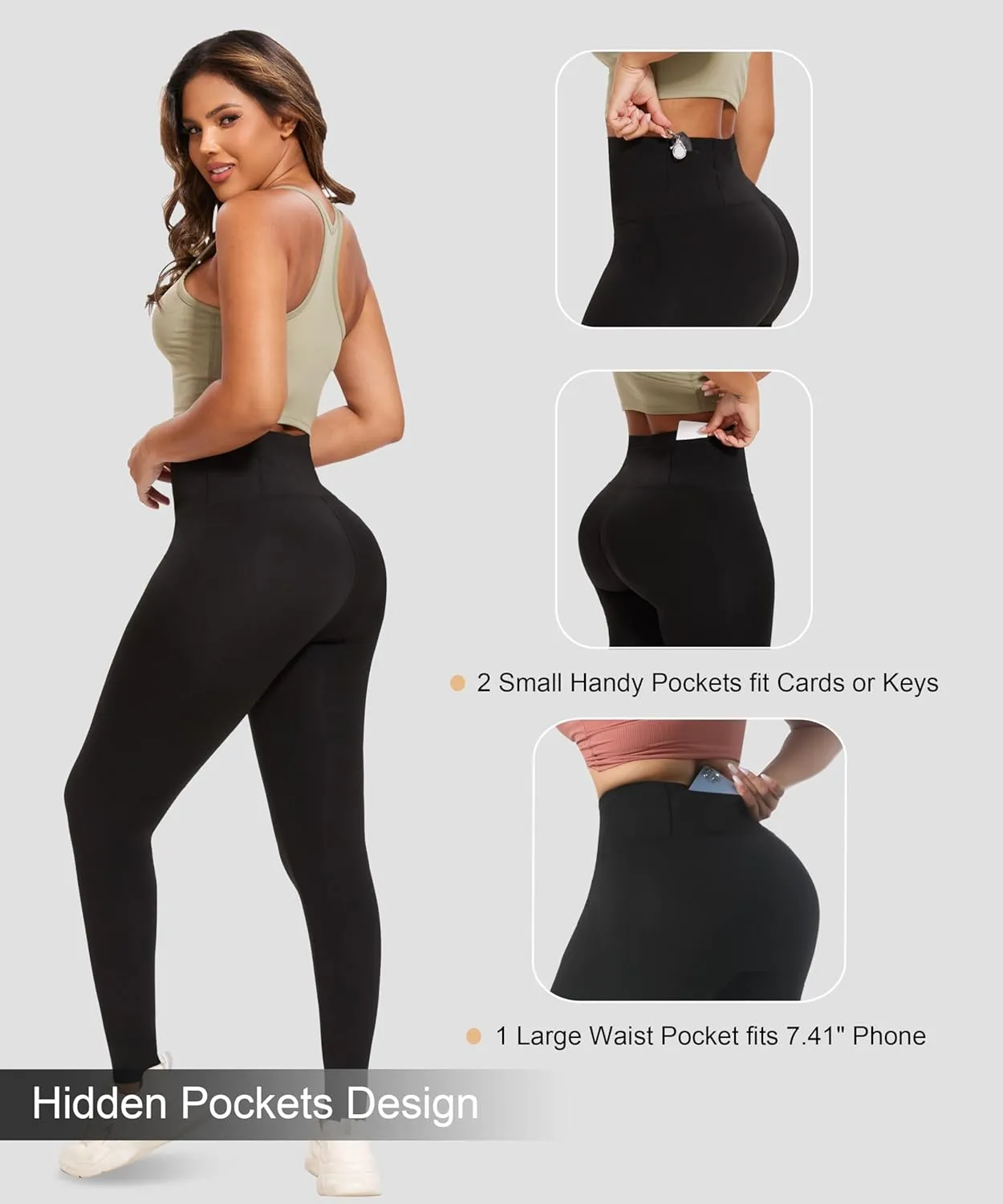 Women's Compression Leggings Butt Lifting Work Out Athletic Gym High Waist Tummy Control Stretchy with Pockets