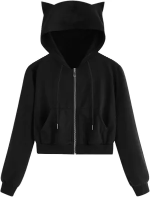 Women's Drawstring Cropped Hoodies Cute Zip Up Sweatshirt with Cat Ear Teen Girls Kawaii Plain Workout Crop Tops