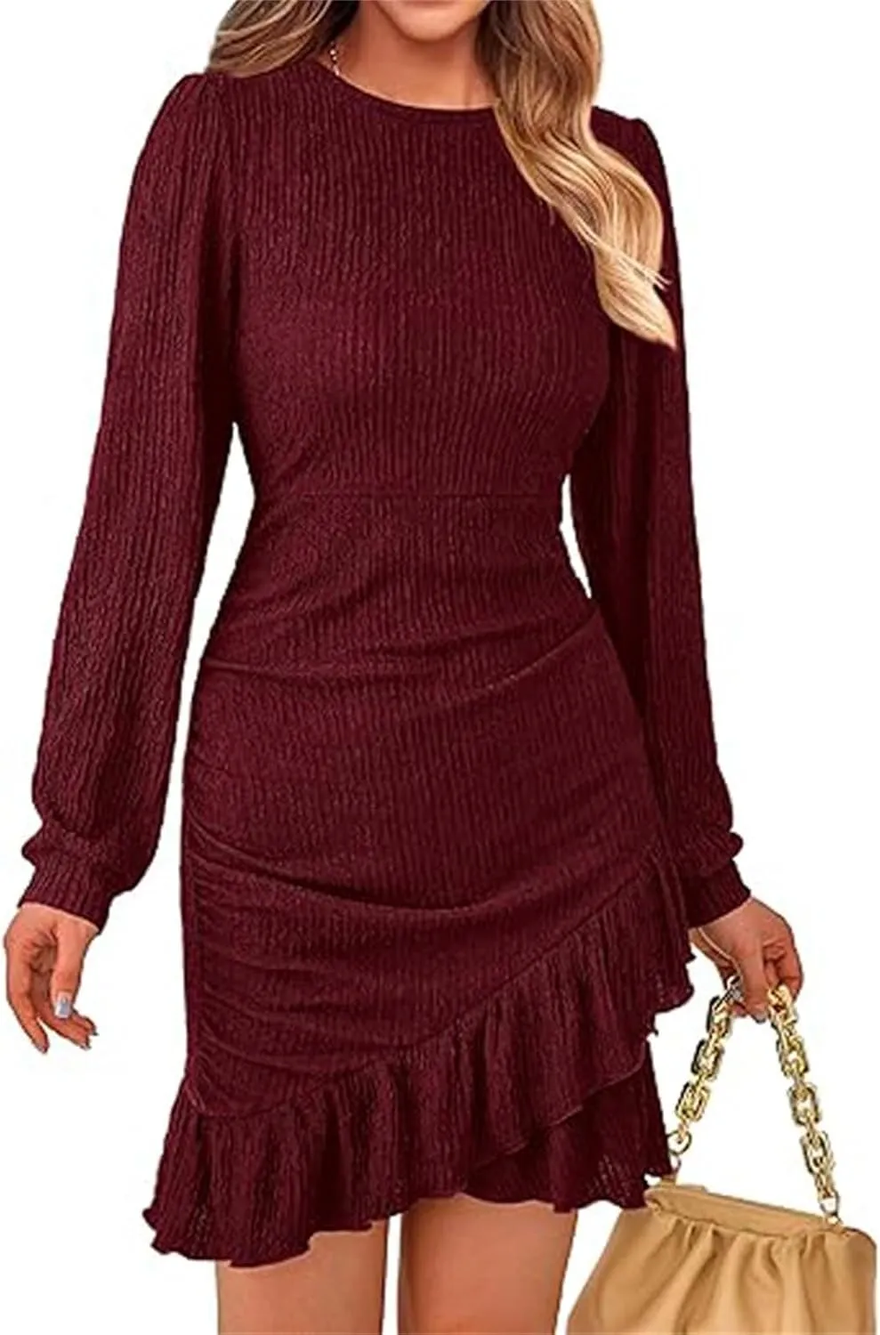 Women's Fall Ruched Bodycon Mini Dress Long Puff Sleeve Ruffle Fitted Cocktail Dresses