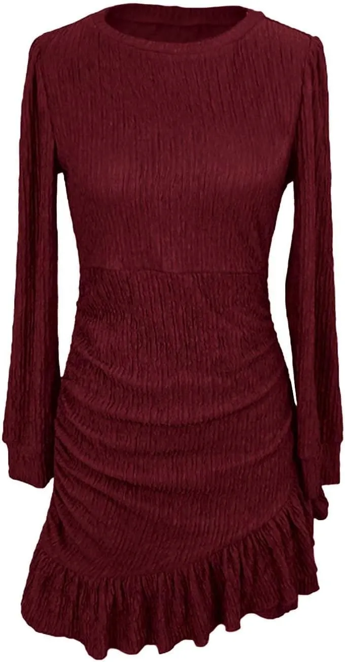 Women's Fall Ruched Bodycon Mini Dress Long Puff Sleeve Ruffle Fitted Cocktail Dresses
