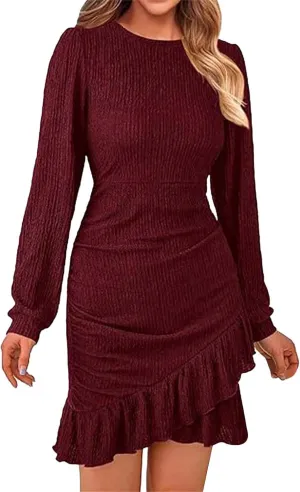 Women's Fall Ruched Bodycon Mini Dress Long Puff Sleeve Ruffle Fitted Cocktail Dresses
