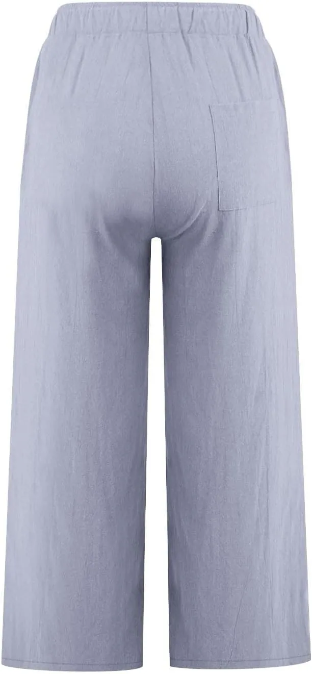 Womens Fashion Cotton Linen Pants Wide Leg Palazzo Causal Flowy Summer Trousers Beach Vacation Clothes Outfits