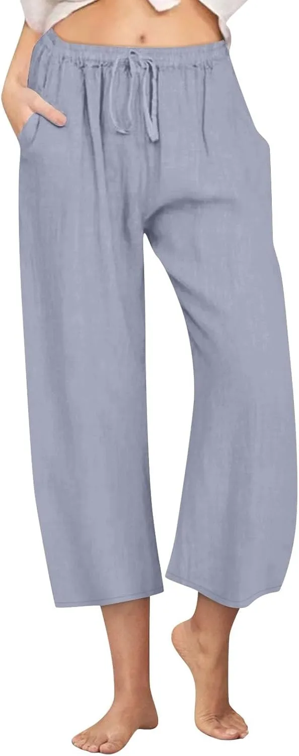 Womens Fashion Cotton Linen Pants Wide Leg Palazzo Causal Flowy Summer Trousers Beach Vacation Clothes Outfits