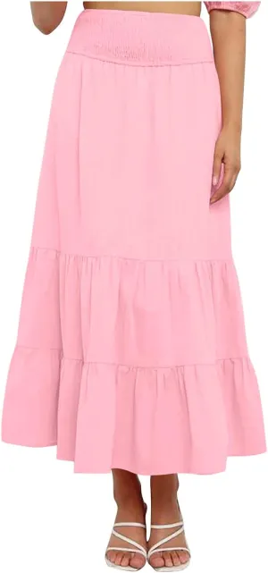 Women's Flowy Maxi Skirt Summer Trendy Boho Pleated Tiered Skirts Elastic High Waisted Casual Beach Swing Long Skirt