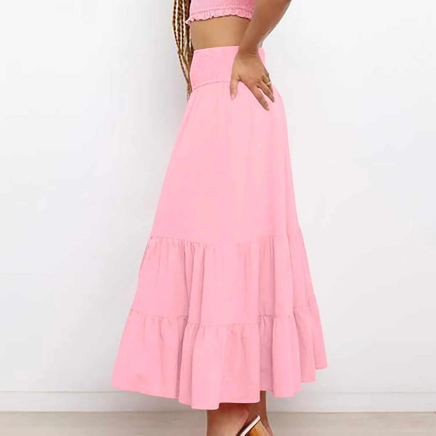 Women's Flowy Maxi Skirt Summer Trendy Boho Pleated Tiered Skirts Elastic High Waisted Casual Beach Swing Long Skirt