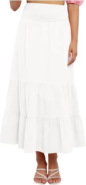Women's Flowy Maxi Skirt Summer Trendy Boho Pleated Tiered Skirts Elastic High Waisted Casual Beach Swing Long Skirt
