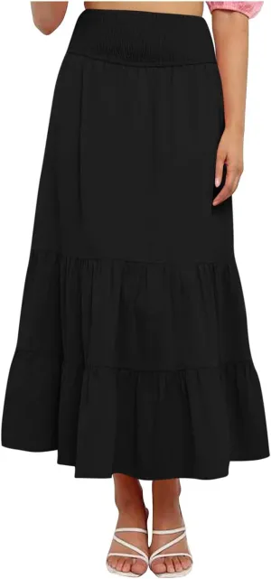 Women's Flowy Maxi Skirt Summer Trendy Boho Pleated Tiered Skirts Elastic High Waisted Casual Beach Swing Long Skirt